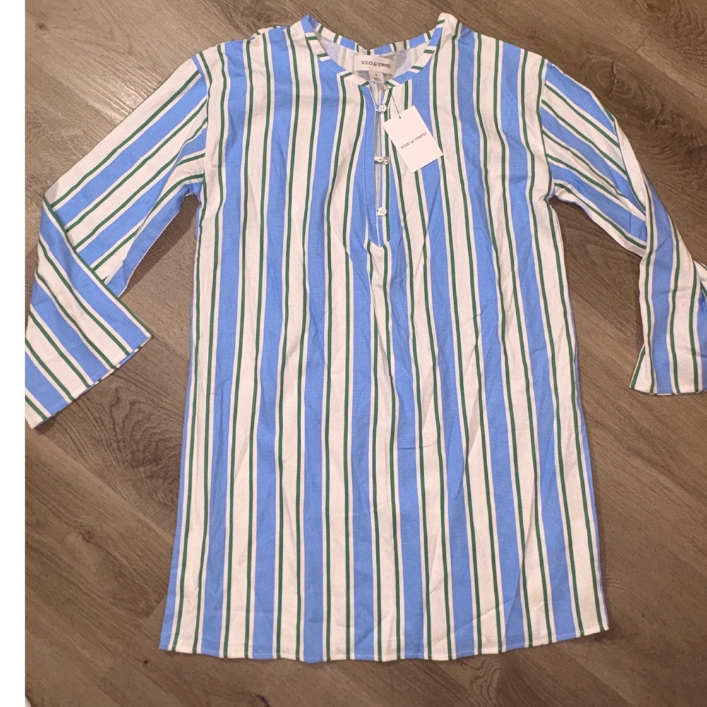 Solid & Striped Blue Green White Vertical Stripe Linen Blend Tunic Top NWT Small